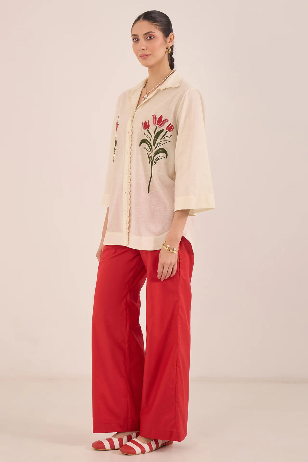 Dal: Cotton Floral Shirt Coord Set - Ivory