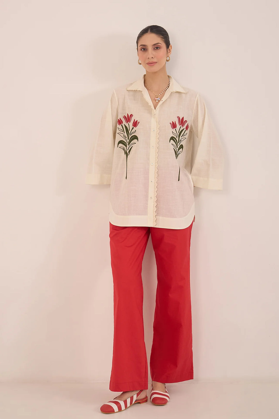 Dal: Cotton Floral Shirt Coord Set - Ivory