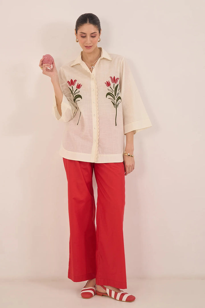 Dal: Cotton Floral Shirt Coord Set - Ivory