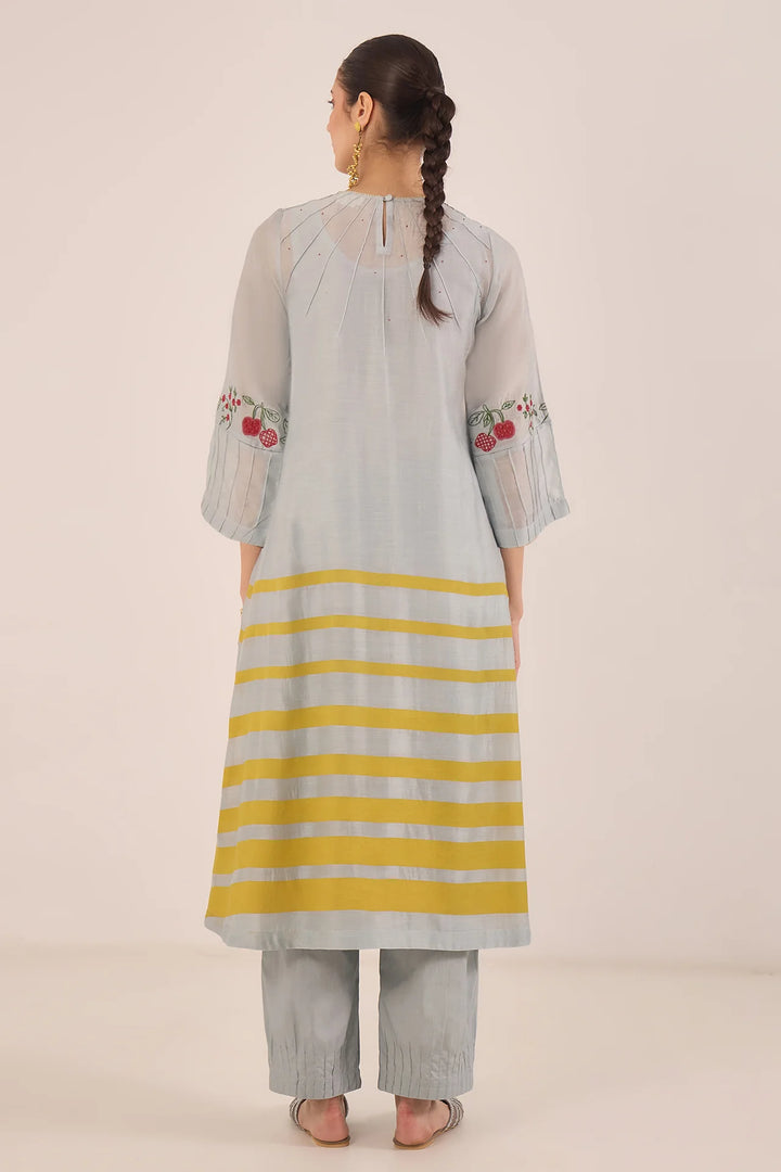 Chinar: Chanderi Floral Embroidery With Stripes Kurta Set - Powder Blue