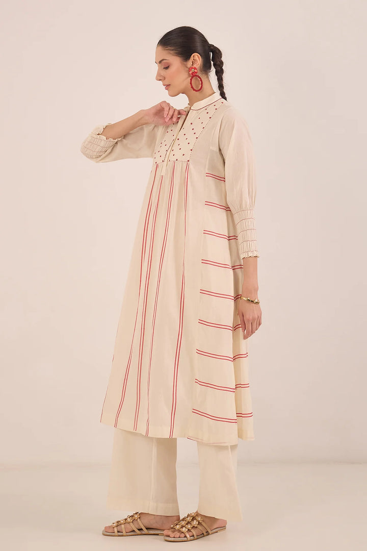 Zoon: Cotton Ivory Bead  Stripe Kurta Set