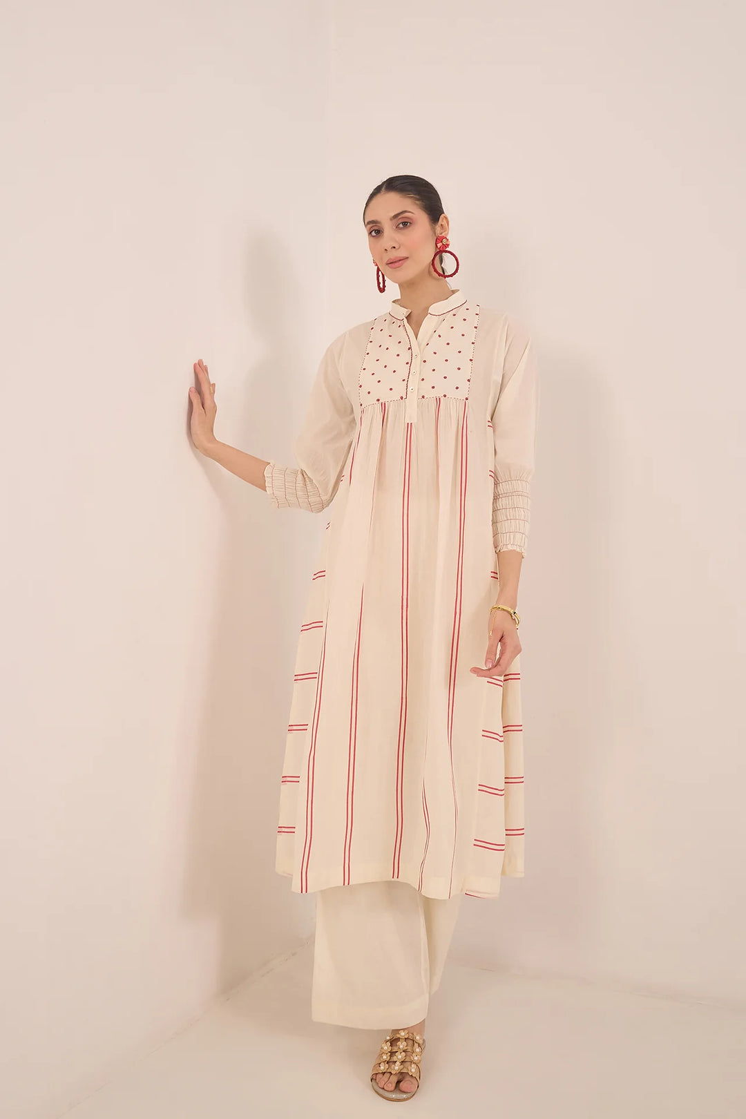 Zoon: Cotton Ivory Bead  Stripe Kurta Set