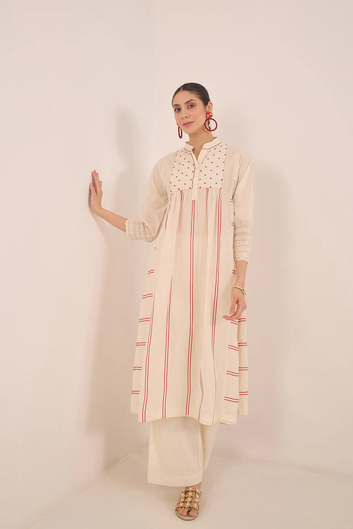 Zoon: Cotton Ivory Bead  Stripe Kurta Set