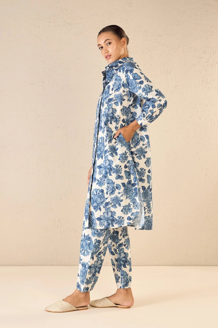 Blue Blossom Cotton Long Shirt Co-ord Set