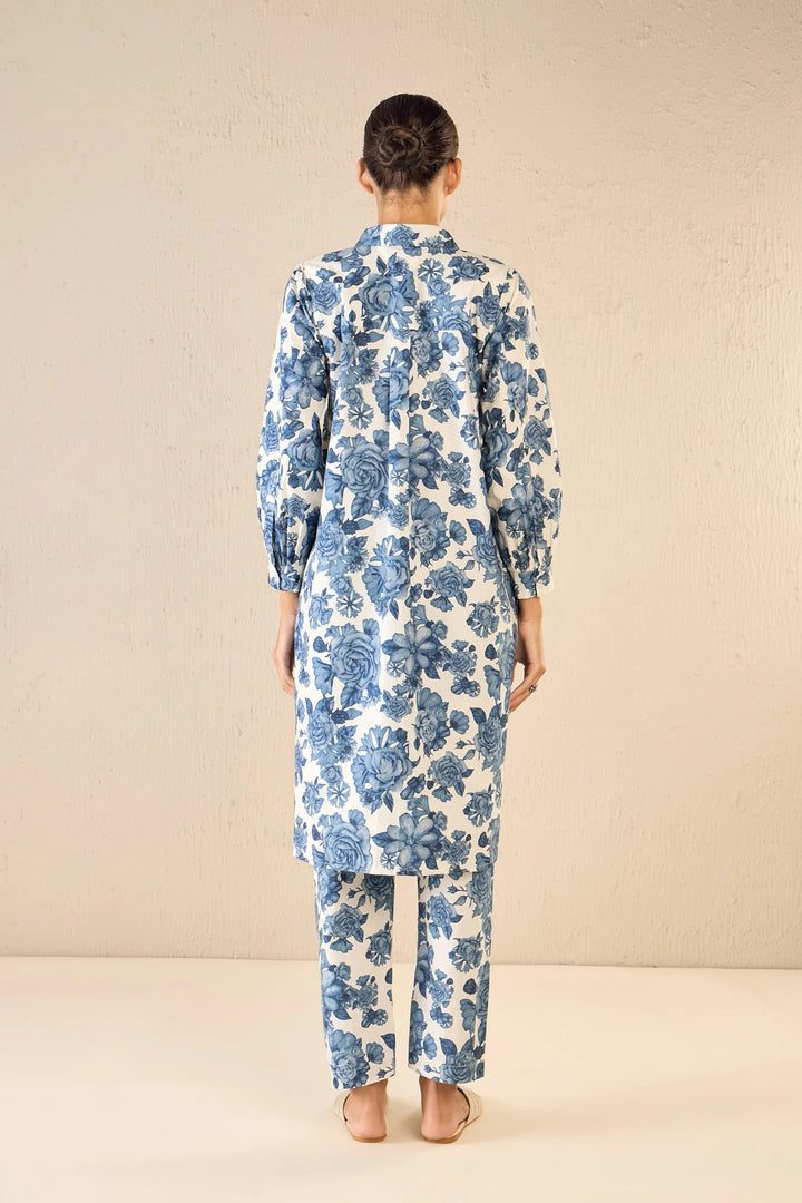 Blue Blossom Cotton Long Shirt Co-ord Set