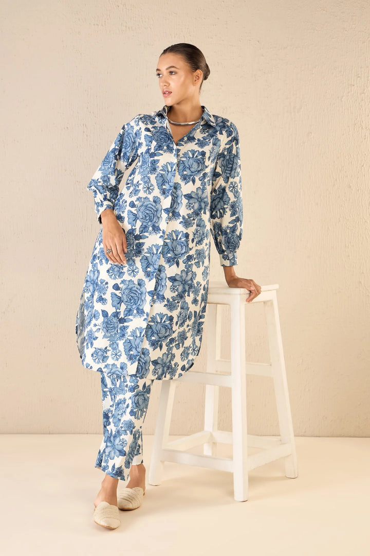 Blue Blossom Cotton Long Shirt Co-ord Set