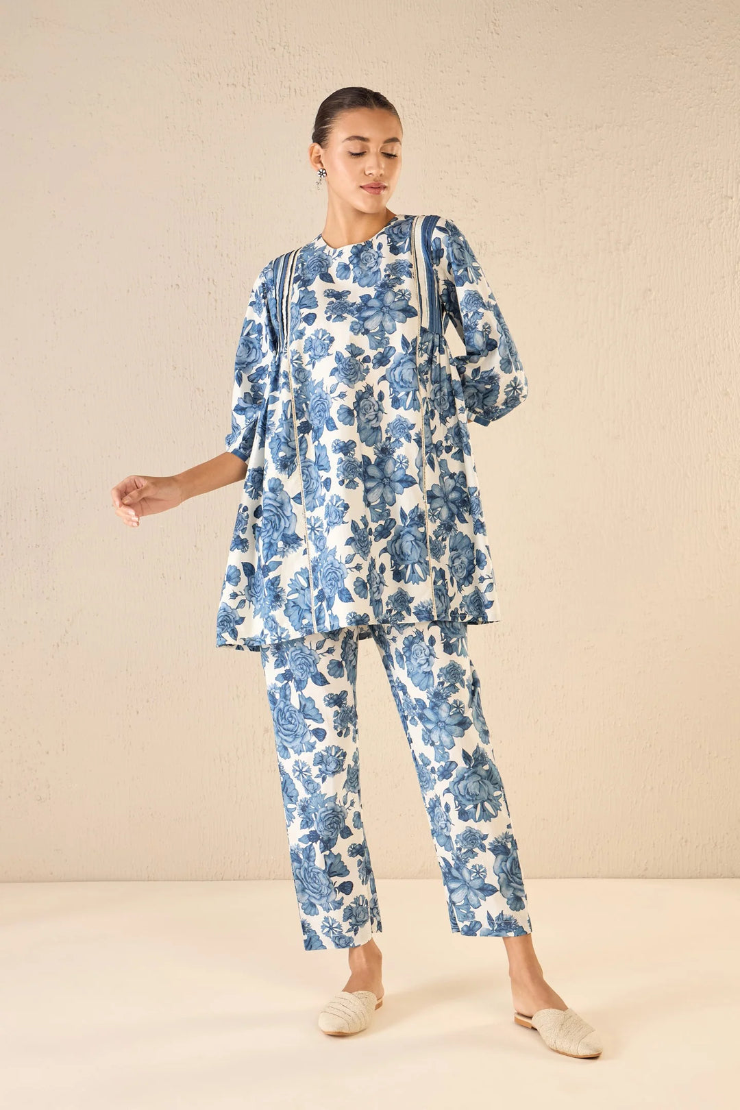 Blue Blossom: Blue Rose Side Gather Tunic Co-ord Set
