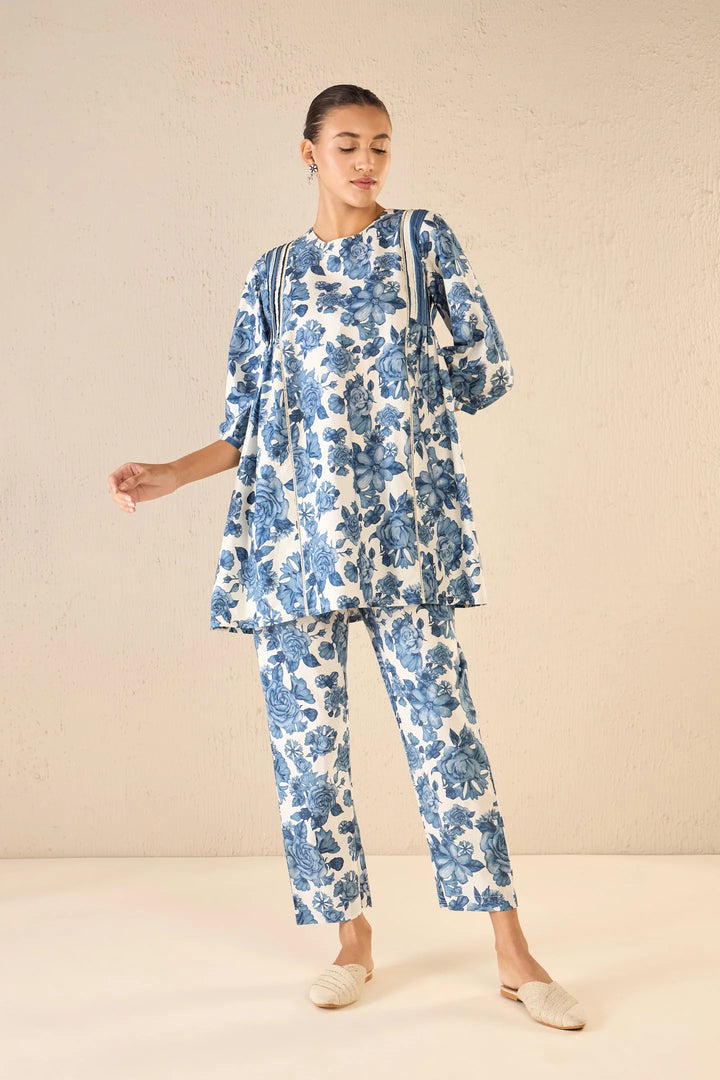 Blue Blossom: Blue Rose Side Gather Tunic Co-ord Set