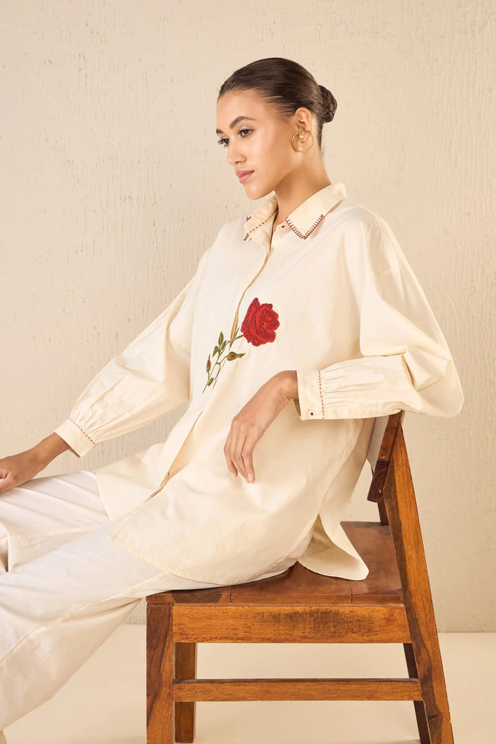 Scarlet Rose: Ivory Oversize Cotton Shirt Co-ord Set