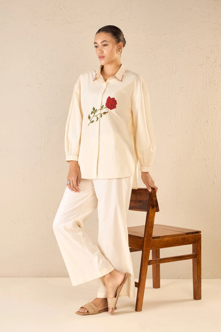 Scarlet Rose: Ivory Oversize Cotton Shirt Co-ord Set