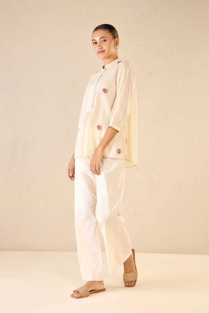 Rose Melody: Ivory Bold Placket Co-ord Set