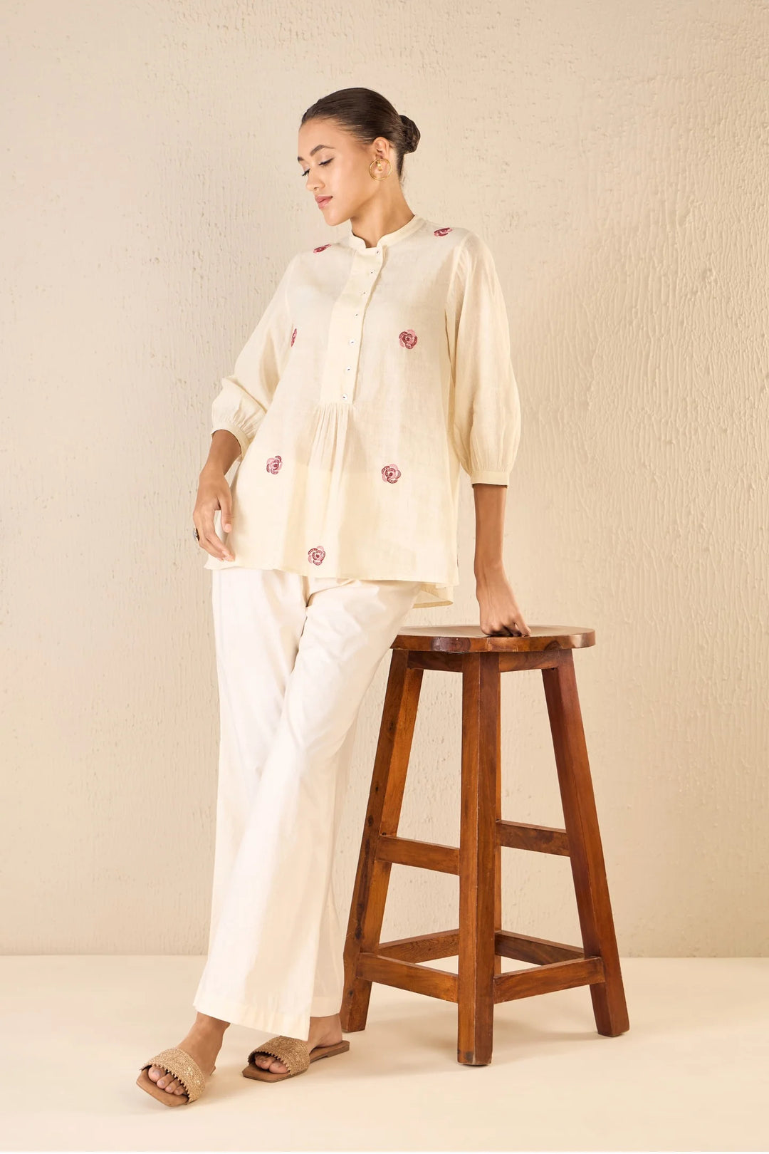 Rose Melody: Ivory Bold Placket Co-ord Set