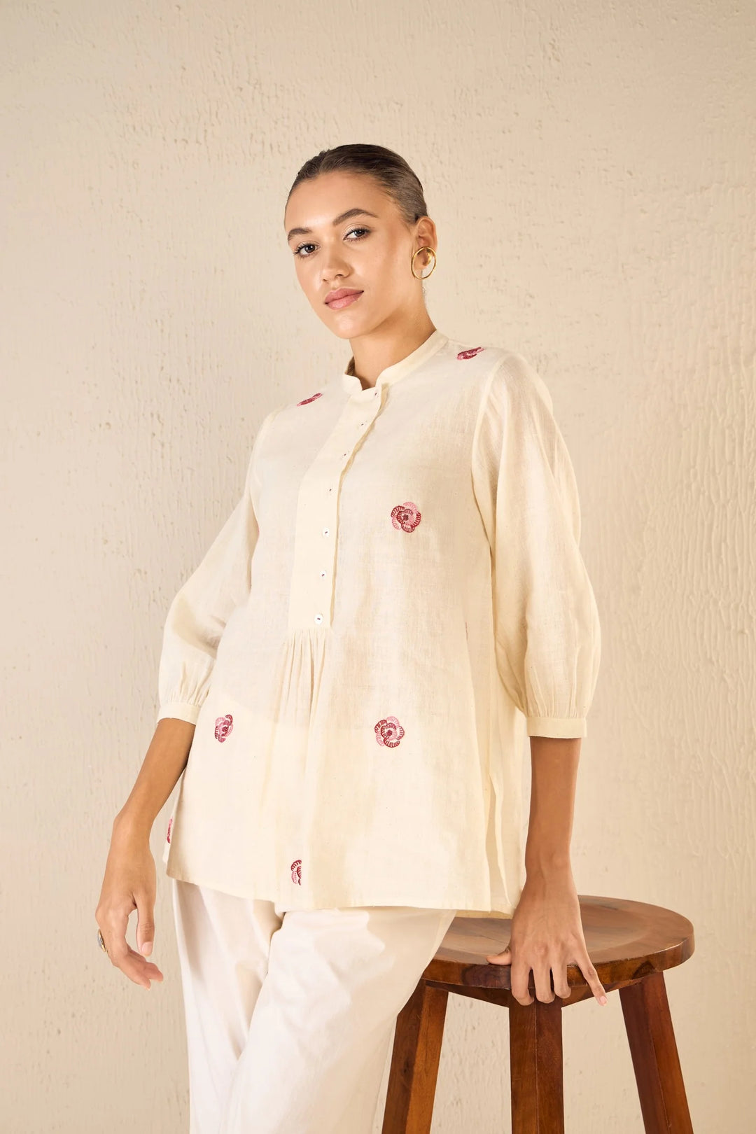 Rose Melody: Ivory Bold Placket Co-ord Set