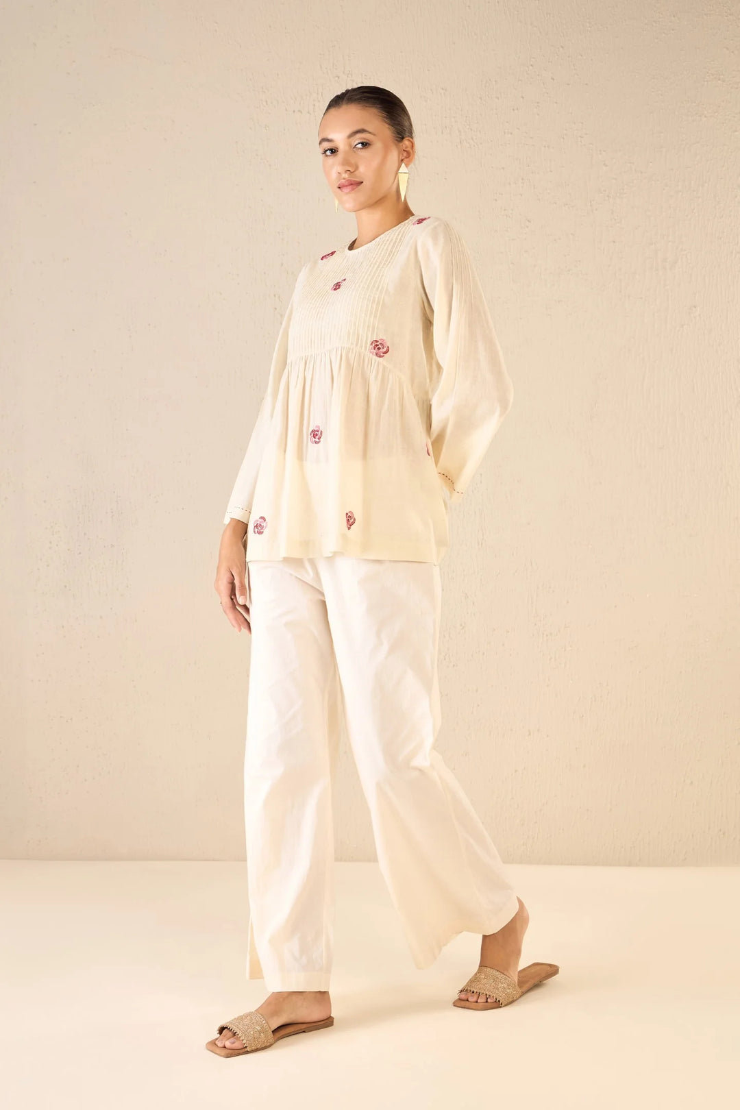 Whispering Roses: Ivory Handloom Cotton Pintuck Tunic Co-ord Set