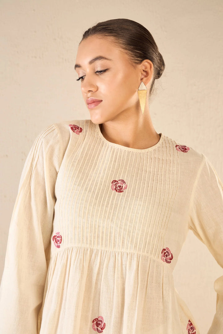 Whispering Roses: Ivory Handloom Cotton Pintuck Tunic Co-ord Set