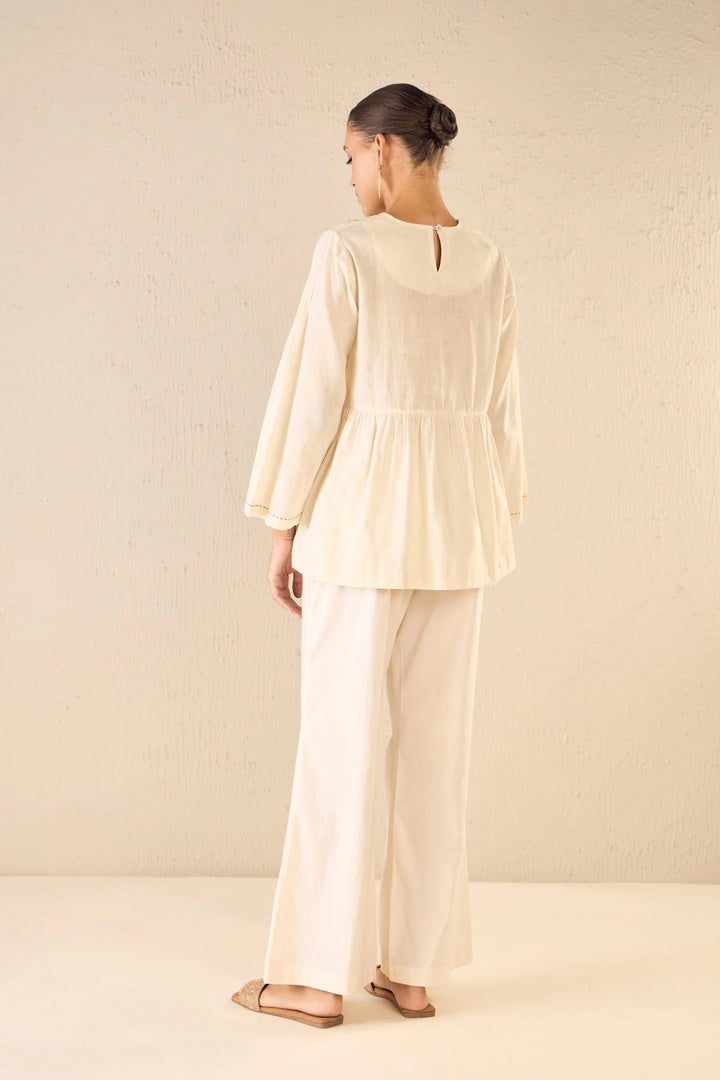 Whispering Roses: Ivory Handloom Cotton Pintuck Tunic Co-ord Set