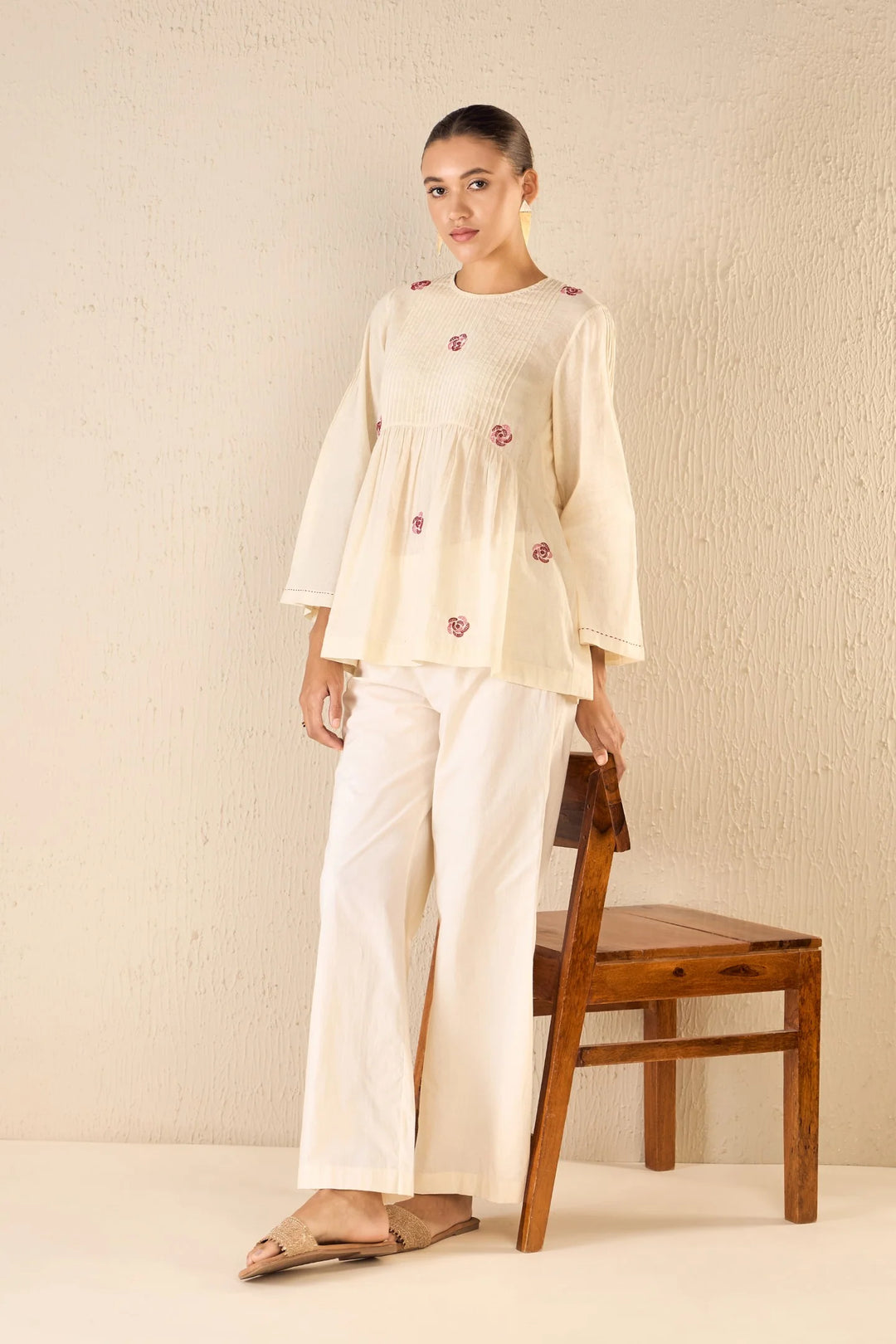 Whispering Roses: Ivory Handloom Cotton Pintuck Tunic Co-ord Set