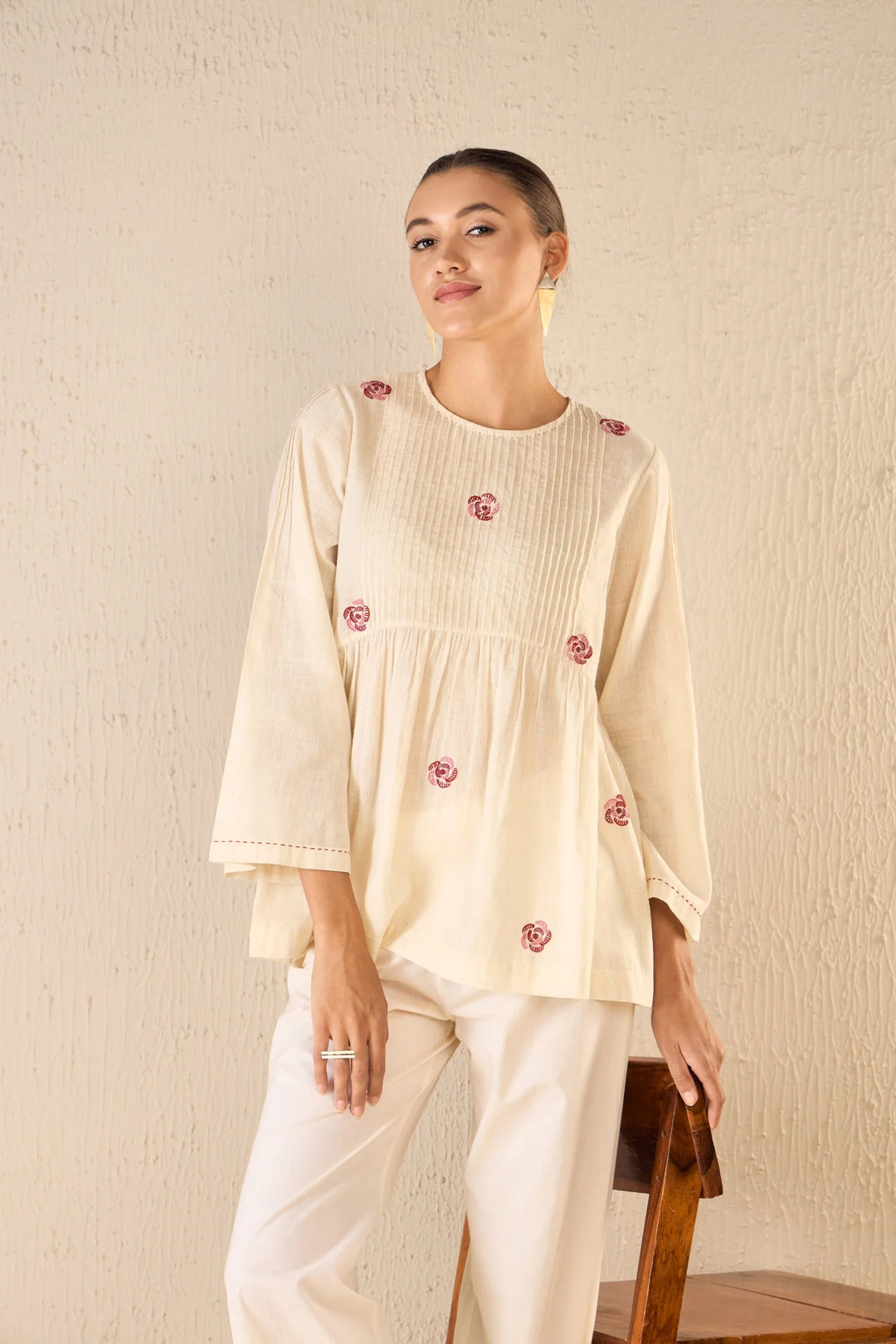 Whispering Roses: Ivory Handloom Cotton Pintuck Tunic Co-ord Set