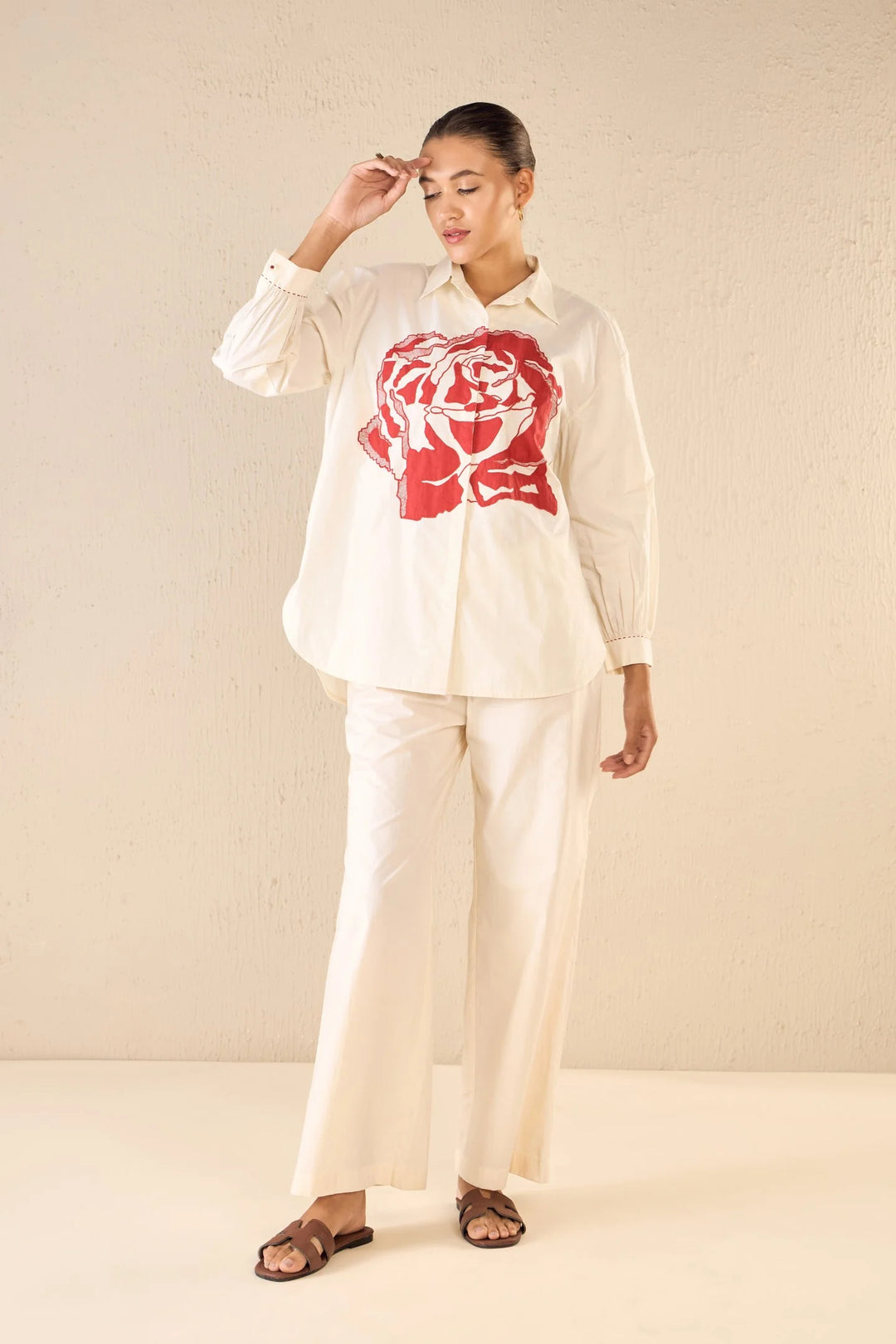 Rose Dream: Ivory Oversize Cotton Shirt Co-ord Set