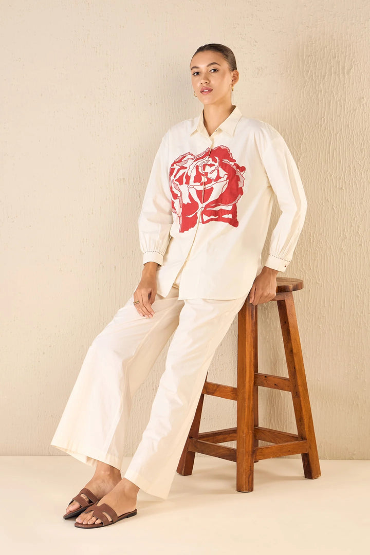 Rose Dream: Ivory Oversize Cotton Shirt Co-ord Set