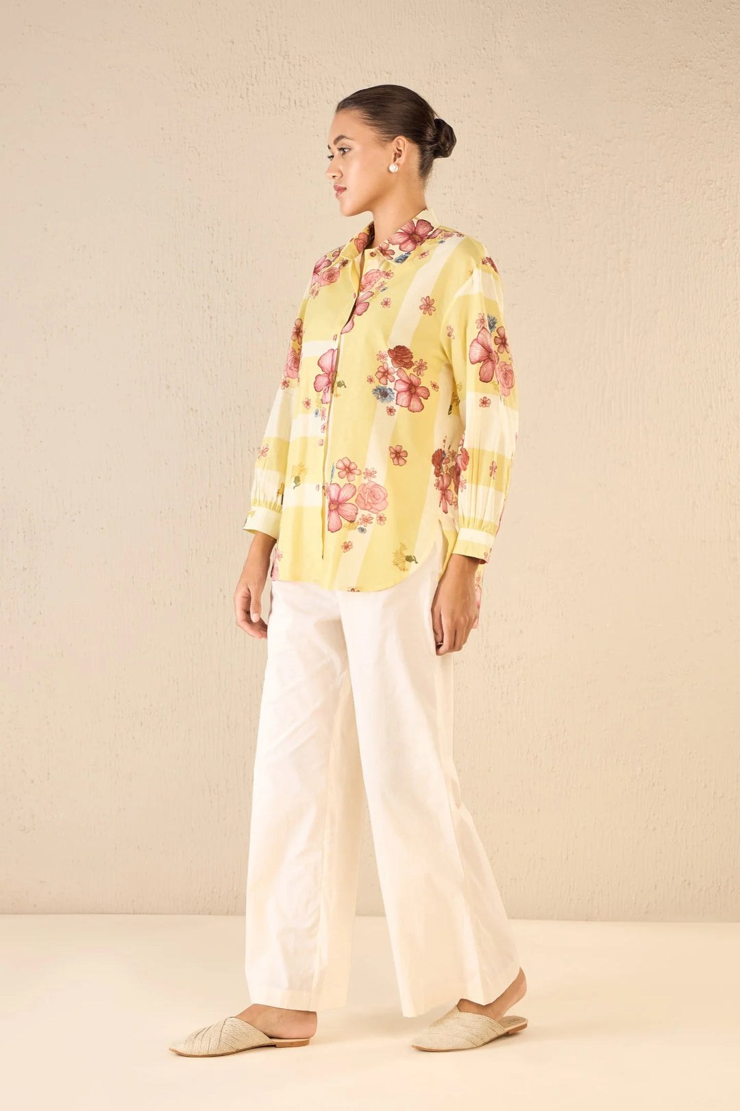 Floral Fusion: Yellow & White Stripe Floral Shirt With Ivory Flair Pants