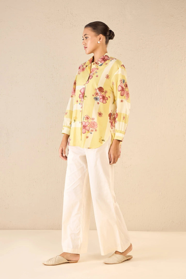 Floral Fusion: Yellow & White Stripe Floral Shirt With Ivory Flair Pants