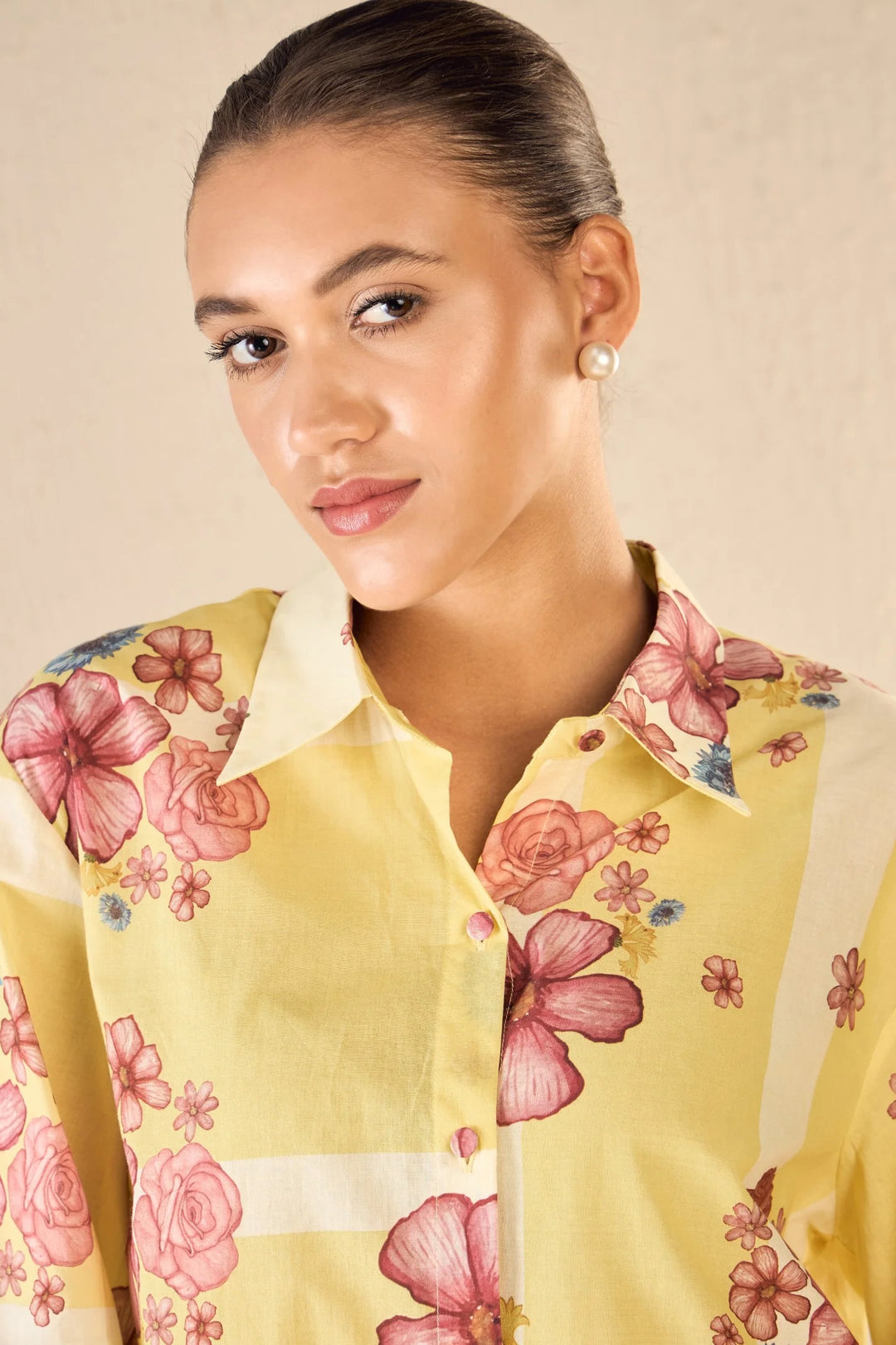 Floral Fusion: Yellow & White Stripe Floral Shirt With Ivory Flair Pants