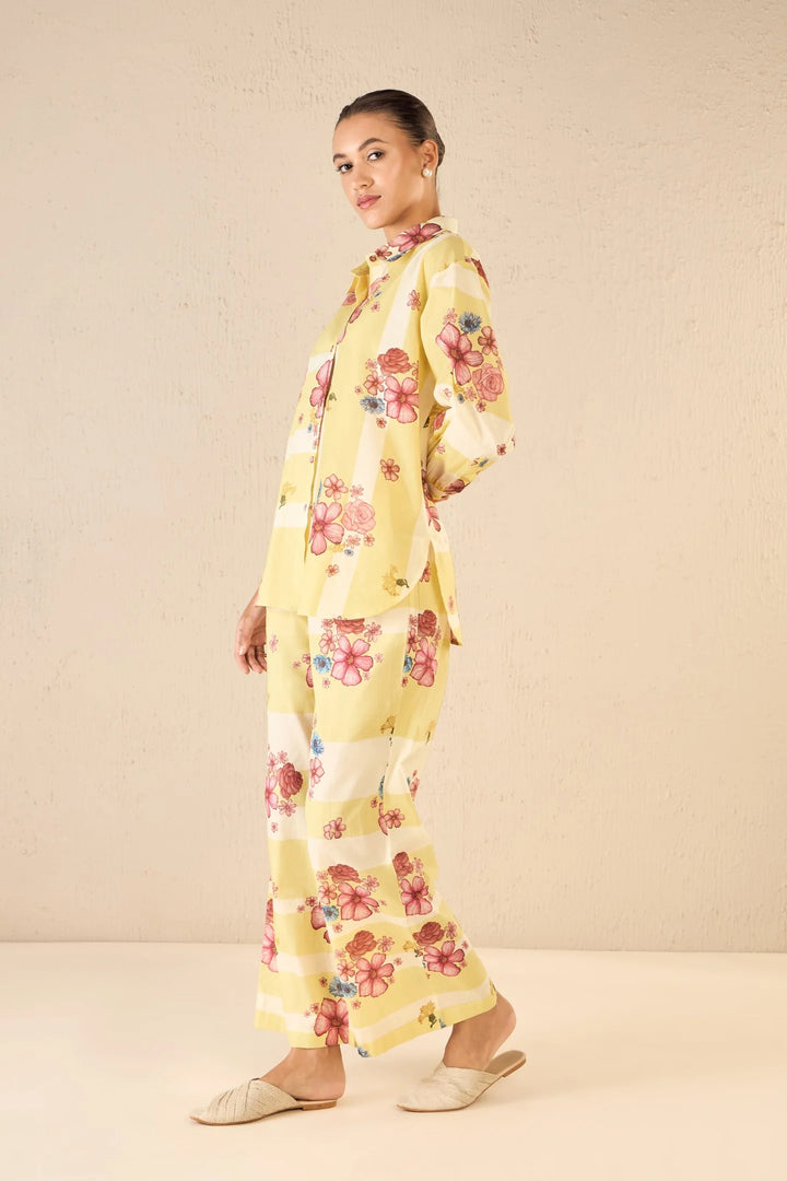 Floral Fusion: Yellow & White Stripe Floral Shirt Co-ord Set