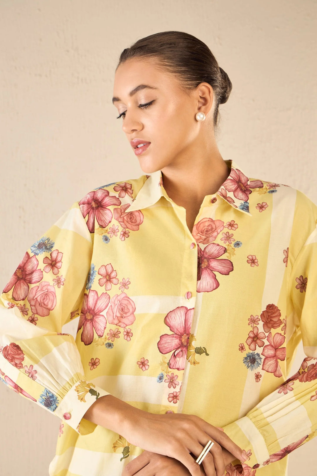 Floral Fusion: Yellow & White Stripe Floral Shirt Co-ord Set