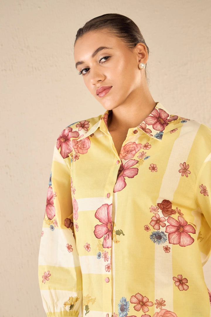 Floral Fusion: Yellow & White Stripe Floral Shirt Co-ord Set