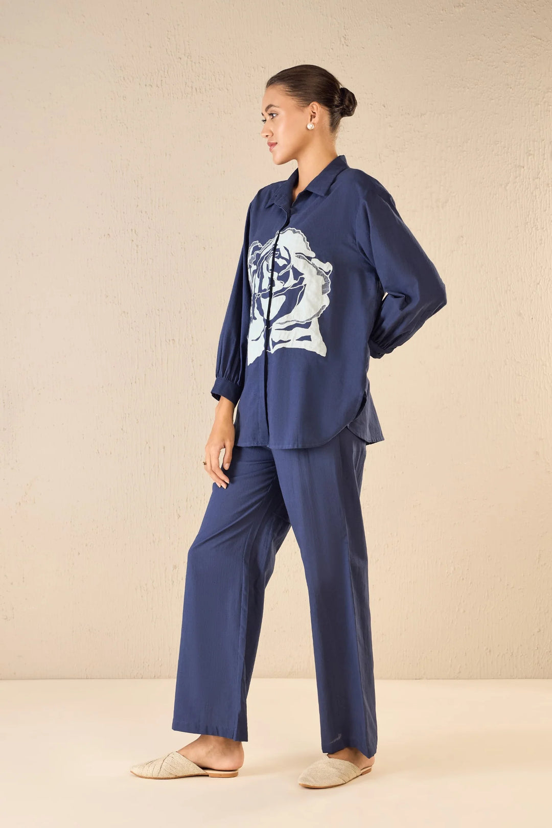 Rose Dream: Indigo Oversize Cotton Shirt Co-ord Set
