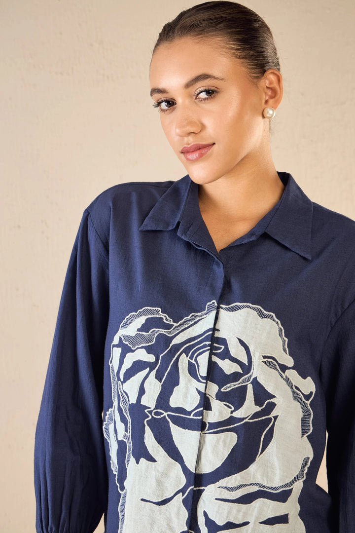 Rose Dream: Indigo Oversize Cotton Shirt Co-ord Set