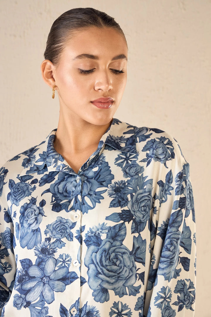 Blue Blossom: Oversize Shirt Co-ord Set