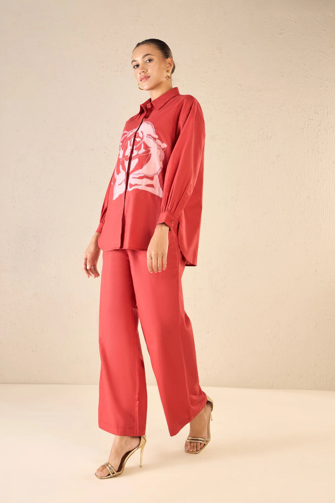Rose Dream: Red Oversize Cotton Shirt Co-ord Set