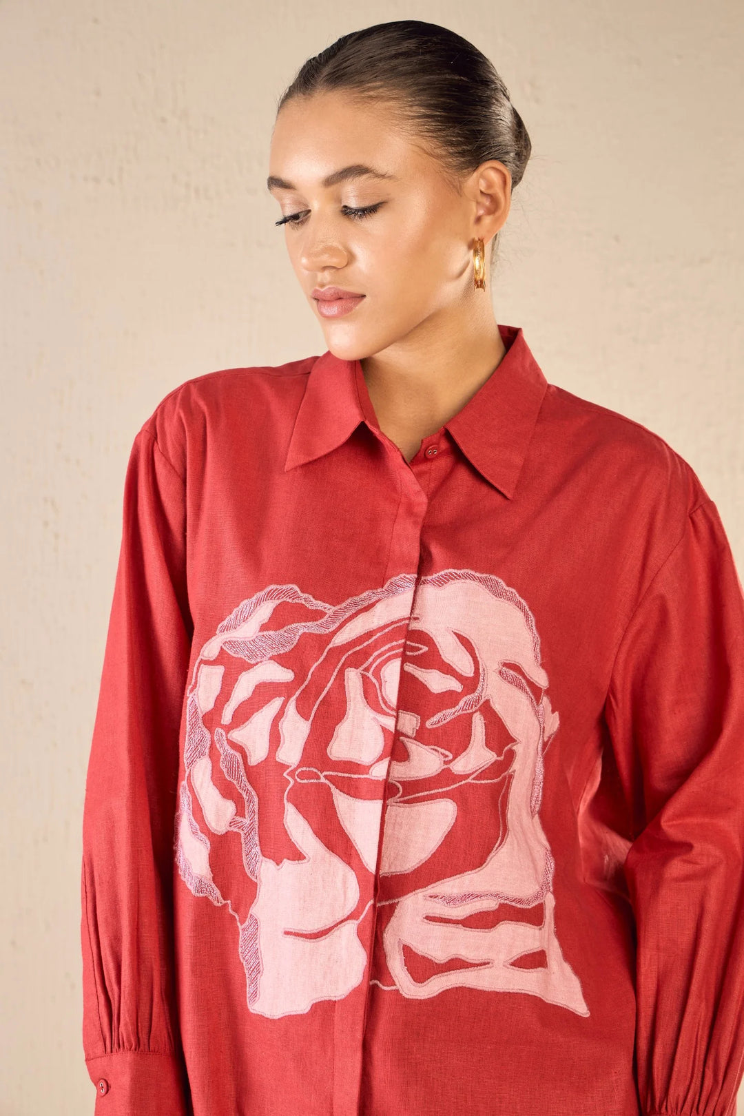 Rose Dream: Red Oversize Cotton Shirt Co-ord Set
