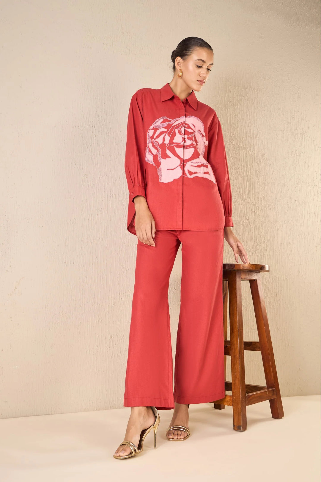 Rose Dream: Red Oversize Cotton Shirt Co-ord Set