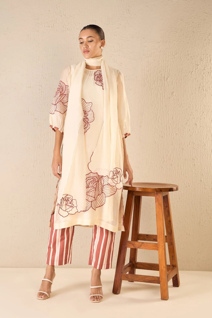 Rose Ballad: Red Three Bold Rose Embroidered Kurta Set