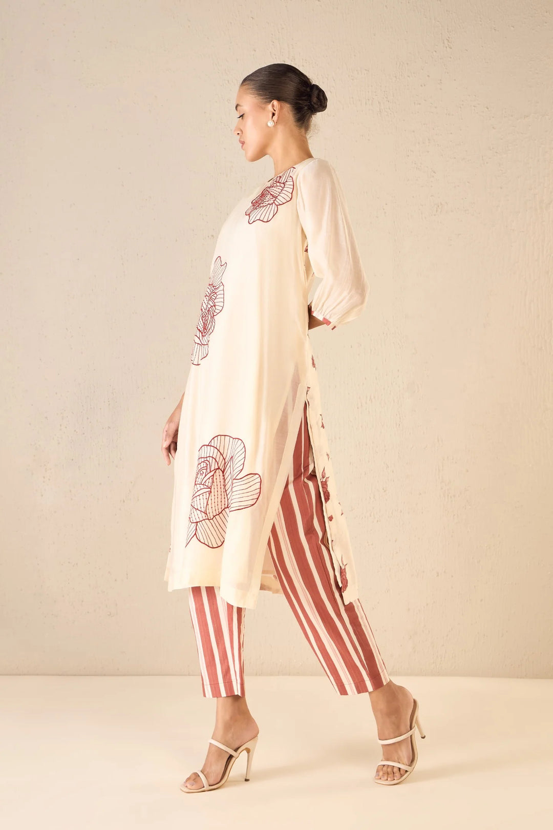 Rose Ballad: Red Three Bold Rose Embroidered Kurta Set