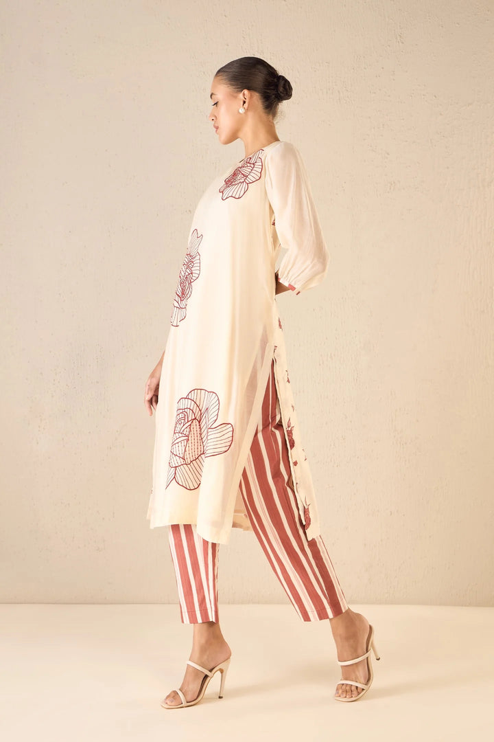 Rose Ballad: Red Three Bold Rose Embroidered Kurta Set
