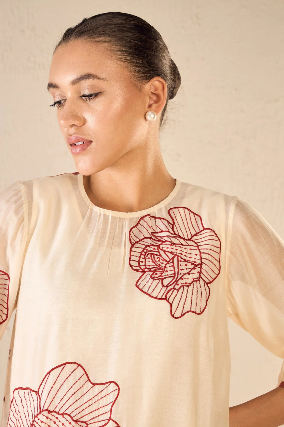 Rose Ballad: Red Three Bold Rose Embroidered Kurta Set