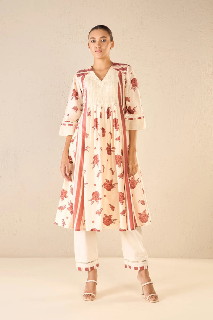 Vintage Rose: Red Floral & Stripe Anarkali Set
