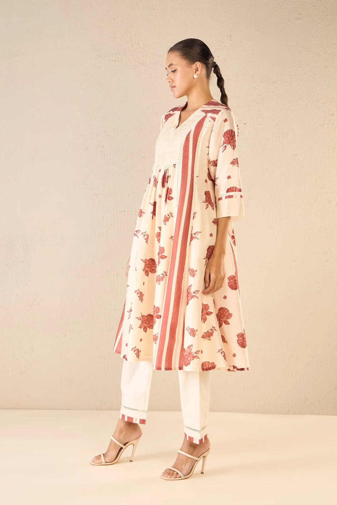 Vintage Rose: Red Floral & Stripe Anarkali Set