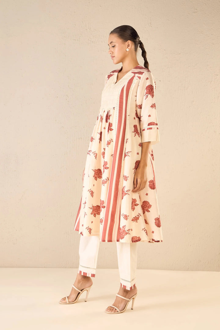 Vintage Rose: Red Floral & Stripe Anarkali Set