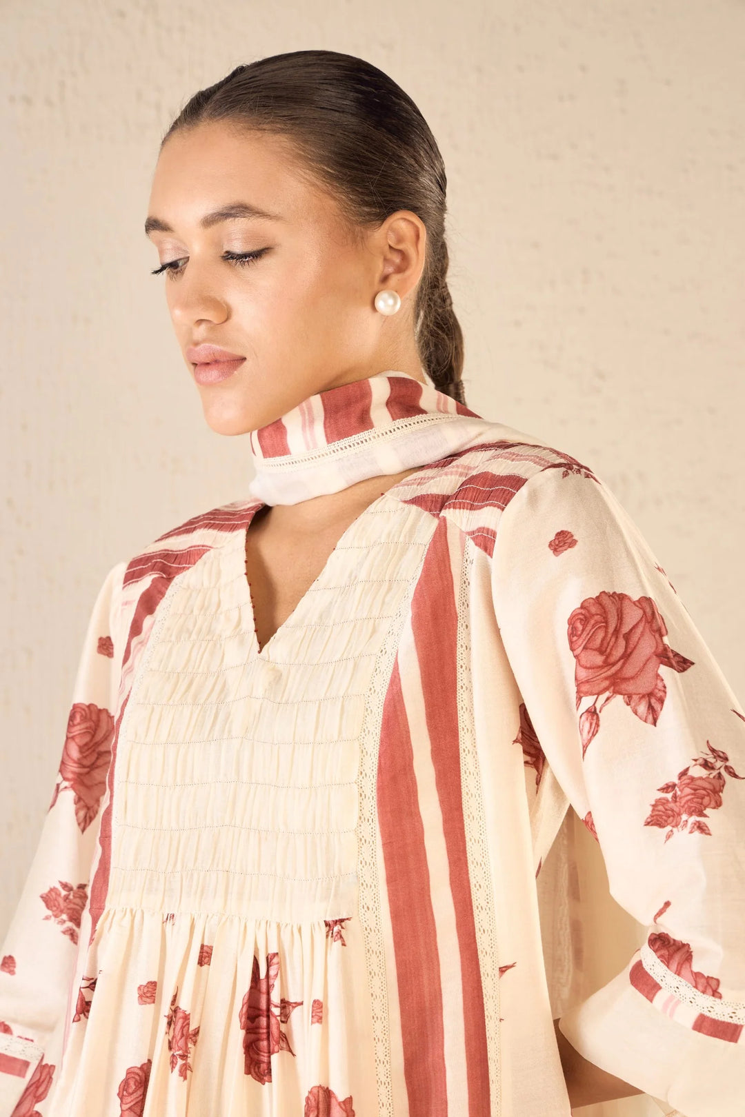 Vintage Rose: Red Floral & Stripe Anarkali Set