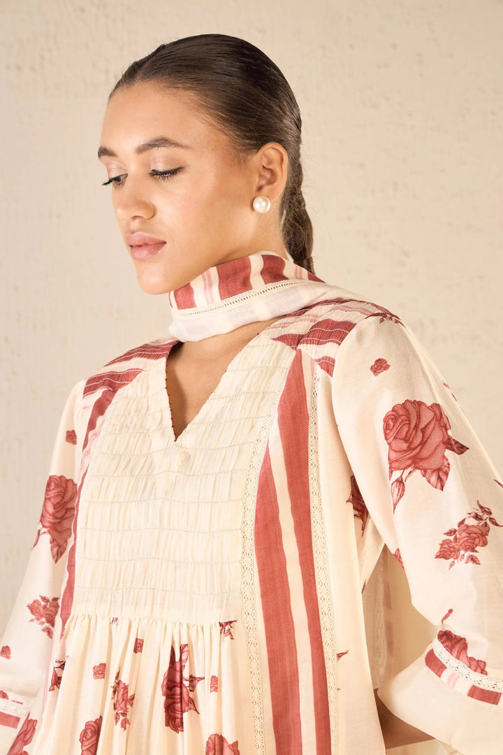 Vintage Rose: Red Floral & Stripe Anarkali Set