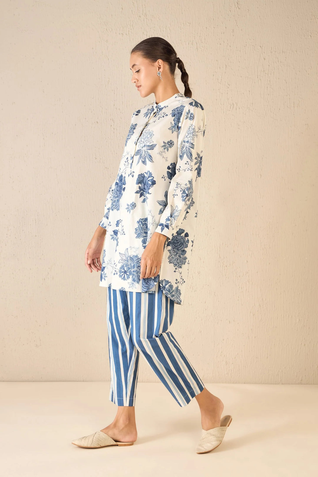 Floral Fantasy: Blue Line Floral Tunic Co-ord Set