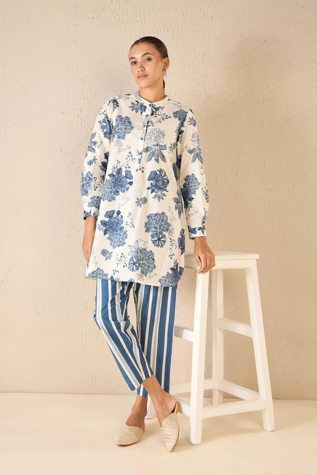 Floral Fantasy: Blue Line Floral Tunic Co-ord Set