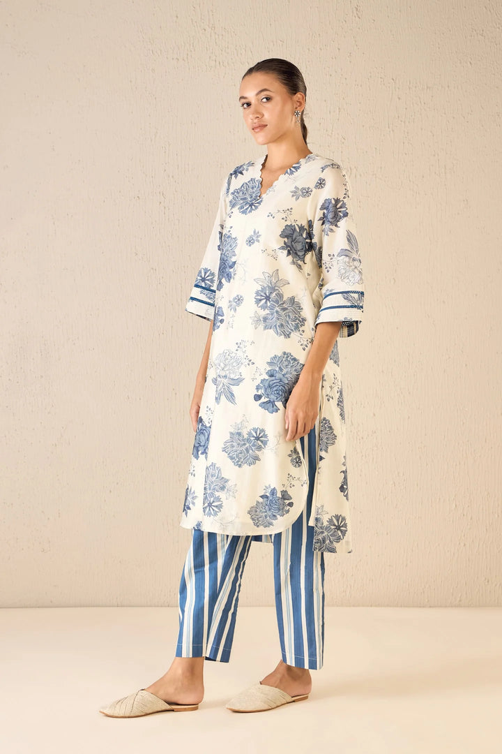 Floral Fantasy: Blue Floral Chanderi Scallop Kurta Set