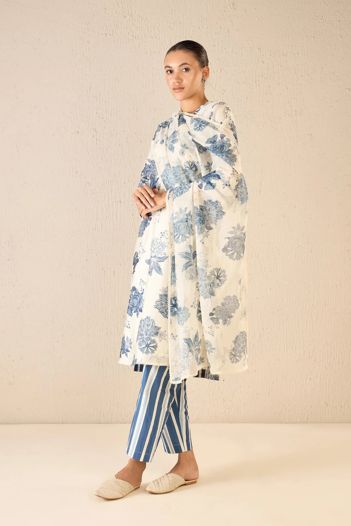 Floral Fantasy: Blue Floral Chanderi Scallop Kurta Set