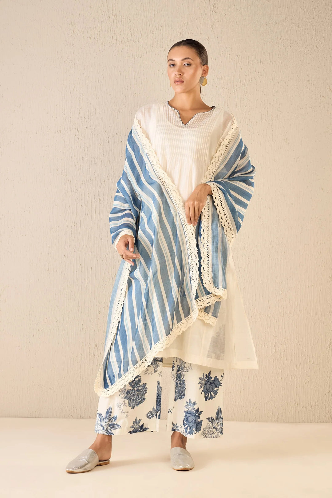 Floral Odyssey: Ivory Pintuck Choga Set